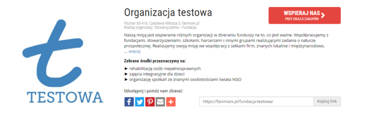 Organizacja testowa wspieraj nas na FaniMani.pl